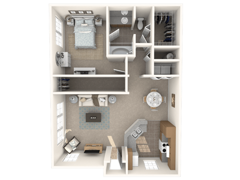 Floor plan for 1 bed, 1 bath, 844 sqft